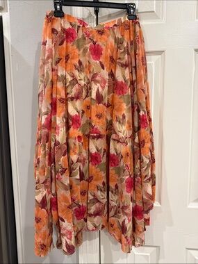 Easel Floral Tiered Midi Skirt - Orange & Pink Sz M